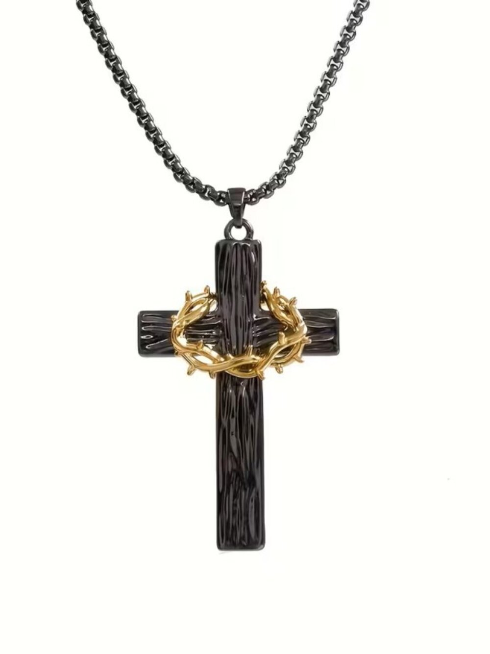 Black Christian Cross Necklace Crown of Thorns Pendant Religious Gift Jesus Mens